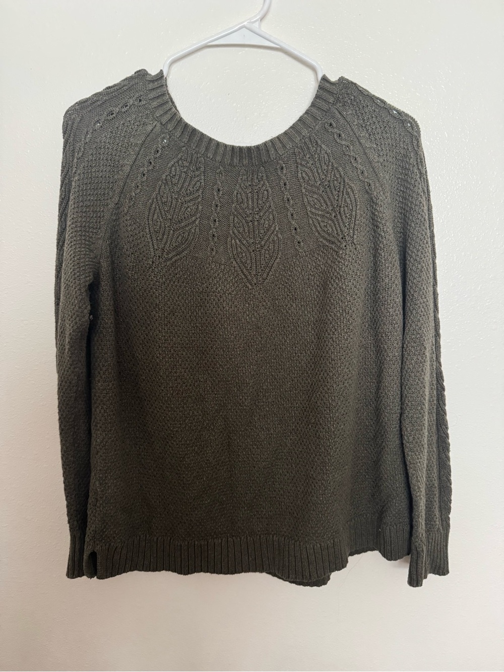 Sonoma Olive Green Cable-Leaf Crewneck Sweater